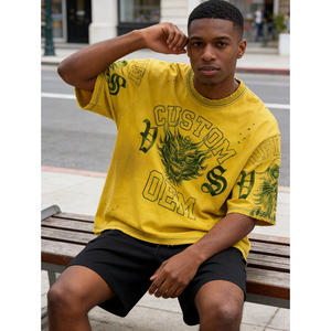 T-shirt pour homme vintage usé, effet vieilli, impression numérique personnalisée OEM, 100% coton, coupe ample, style streetwear - Product Image 2