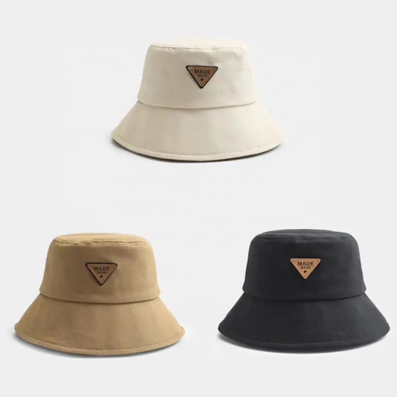 Wholesale leather logo fashion bucket hat caps custom short brim bucket hat gorras cotton bucket hat for outdoor