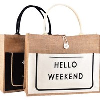 Sac fourre-tout en jute noir personnalisable, en toile de jute, pour la plage, sac de courses en jute, pochette en coton, vente en gros à prix réduit