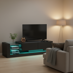 Mueble de TV moderno de 75 pulgadas con iluminación LED RGB, gabinete de almacenamiento negro para sala de estar con estantes de vidrio y control remoto - Product Image 2
