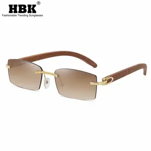 HBK Retro ahşap bambu güneş gözlüğü Vintage 2021 küçük kare çerçevesiz güneş gözlüğü