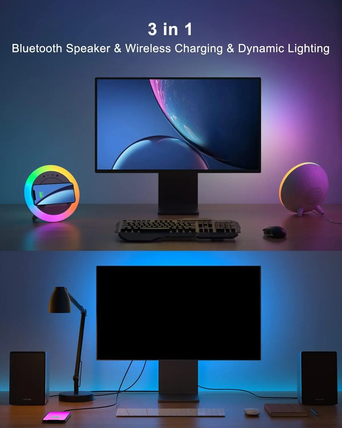 Phone Holder Bluetooth Speaker with Color Changing Night Light and Wireless Charging