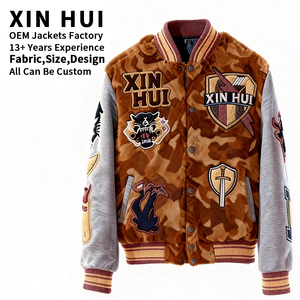 Chaqueta Bomber Vintage Extra Grande para Hombre, Estilo Varsity, en Cuero/Camiseta de Algodón con Parches de Camuflaje Marrón, Personalizada con Parche de Chenilla - Product Image 2