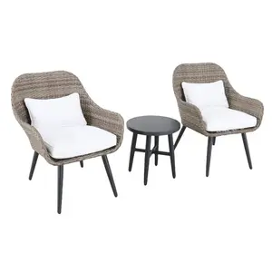 Rattan Furniture - New Design PE Rattan 3 pc Chat Set with Cushions and Side Table All Weather Outdoor Bistro Set Patio