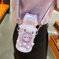 Mignonne gourde isotherme pour enfants de 500 ml en acier inoxydable 316 sans BPA, motif ours de dessin animé, portable, avec paille et sangle pour étudiants et jeunes enfants