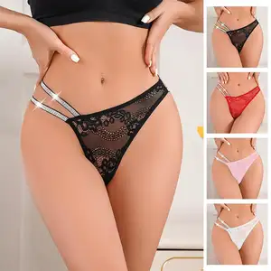 2024 Newest Cross-border Exclusive Sexy Sultry Double Strap Shiny Band With Floral Pattern Mid-waist Thong Ladies Underwear