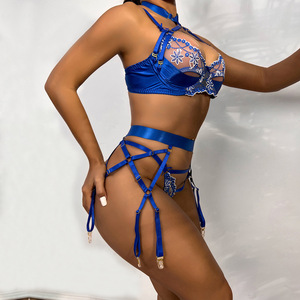 Ensemble de lingerie sexy pour femmes <span class=keywords><strong>matures</strong></span>, noir transparent, dentelle brodée de fleurs, bande ajustable, soutien-gorge et culotte avec jarretière - Product Image 3