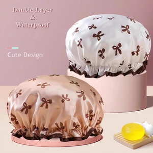 Bonnets <span class=keywords><strong>de</strong></span> douche en satin double couche pour cheveux longs et épais, imperméables, élastiques, doux, réutilisables, mignons, pour femmes - Product Image 3