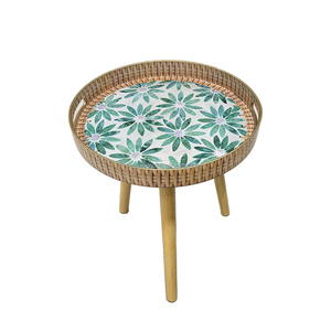 <strong>Round</strong> Plastic Serving <strong>Tray</strong> with Detachable Wood Legs Coffee <strong>Table</strong>, Mosaic Pattern Sofa Side <strong>Table</strong> for Living Room - Product Image 5