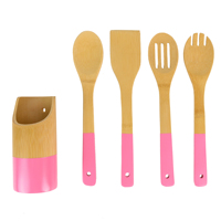 Ensemble d'ustensiles de cuisine en bois de bambou naturel artisanal avec spatule et cuillère à manche coloré, cadeaux promotionnels avec design suspendu
