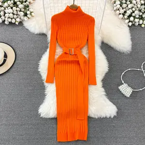 Mode femmes beauté robe mode hanche portefeuille jupe col haut élastique vêtements tricotés ceinture dame Casual porter longue robe