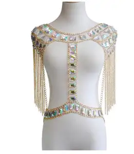 Hot Metal Sequins Color Rhinestone Bra Body Chain Tassel Nightclub Costume New Color Chain Stitching Sexy Multilayer Chest Chain