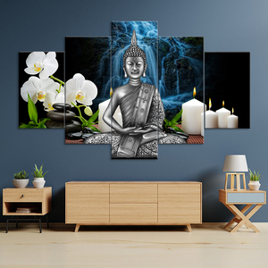 Decoración de pared pintura Buda arte imagen papel pintado retrato Deco venta al por mayor rústico hogar 5 paneles lienzo - Product Image 2