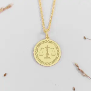 Dainty Non Tarnish Stainless Steel 18K Gold Plating Engraved Scales Of Justice Libra Scale Lawyer Disc Necklace