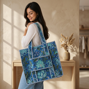 Blue Floral Quilted Cotton Tote Bag Shoulder <b>Handbag</b> <b>Large</b> Capacity Reusable Shopping Travel Bag for <b>Women</b> - Product Image 2