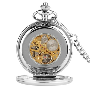 <span class=keywords><strong>Montre</strong></span> de poche mécanique 2023 avec boîtier double Hunter lisse argenté, cadran squelette Steampunk et chaîne, personnalisable - Product Image 3