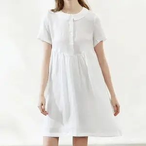 Ladies Fashion 100% Linen Peter Pan Collar Dress Loose Vintage Sexy Party Casual White Dress
