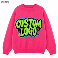 Pull à col rond surdimensionné personnalisé OEM pour hommes, rose vif, style streetwear Y2K, pull en tricot graphique, fabricant de logos personnalisés
