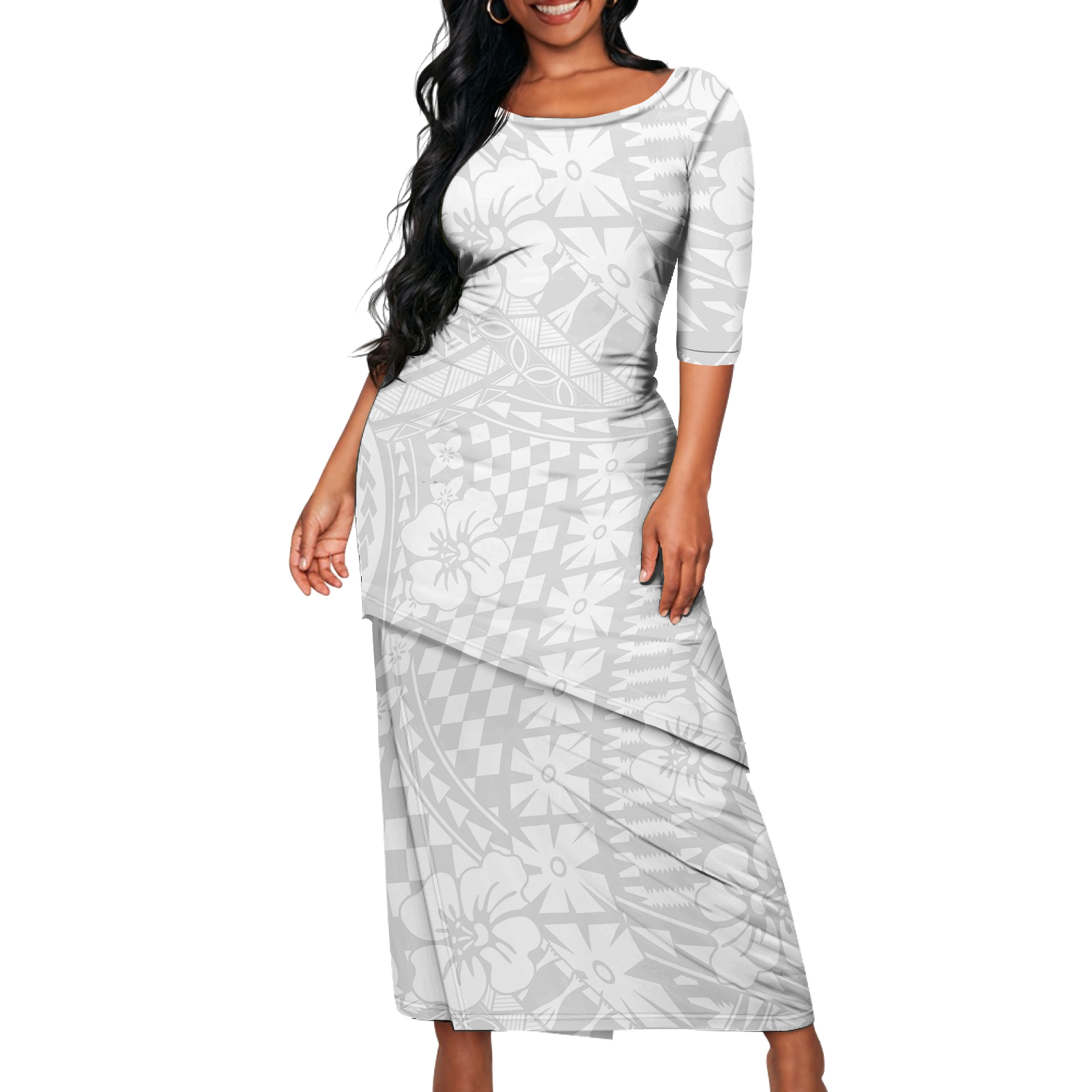 Island Two Pieces Puletasi Hawaii White Polynesian Tribal Print Lady O-Neck  Top and Skirt 2 Pcs Puletasi Dresses for Party Dress