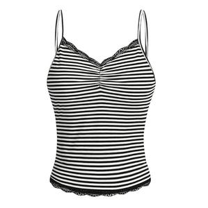 Women's Black White Striped <strong>Cami</strong> <strong>Top</strong> - <strong>Lace</strong> <strong>Trim</strong> V-Neck Thin Spaghetti Straps Ruched Front Fitted Camisole for Casual Daily Wear - Product Image 1