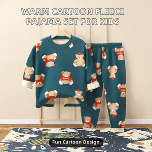 Vente en gros – Nouveauté Automne Hiver – Pyjamas et sous-vêtements chauds et respirants en soie de lait doublés polaire, motif dessin animé mignon, pour bébés, enfants, garçons et filles - Product Image 2