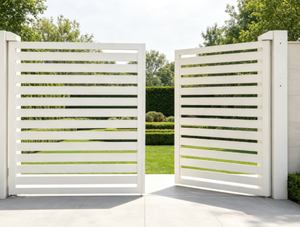 <span class=keywords><strong>Cancello</strong></span> Moderno <span class=keywords><strong>Bianco</strong></span> in Alluminio a Doppia Anta a Battente con Lamelle, Stile Costiero Hamptons, Verniciato a Polvere Antiruggine, Standard Australiano - Product Image 1