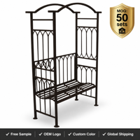 Banc de jardin en fer forgé d'extérieur avec dossier en treillis arqué et décorations sculptées, support pour plantes grimpantes - Durable, imperméable et écologique