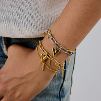Bracelet en acier inoxydable bicolore plaqué or 18 carats breloque étoile coeur 3D couche empilable idée cadeau fille cool