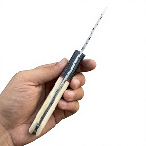 Cuchillo de caza y camping de hoja fija con punta de caída, de acero de Damasco, con mango de madera y hueso, personalizable DIY - Product Image 4