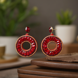 <b>Crystal</b> <b>Earrings</b> Red Round <b>Studs</b> With Rhinestones Gold Plated Stainless Steel Jewelry For Women Fashion Statement Piece - Product Image 3