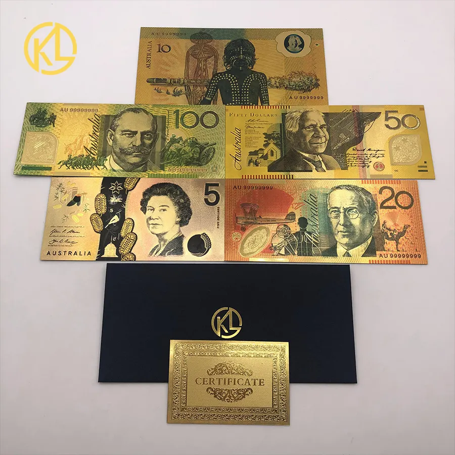 Daha fazla avustralya 100 dolar altın banknot kaplama renkli AUD 100 50 20 10 5 doları altın folyo banknot para koleksiyonu