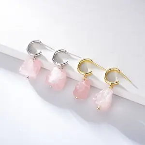 Custom jewelry high fashion c huggie hoop earring 925 silver natural rose quartz stone drop earrings long