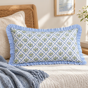 RIDHI Floral Coastal Blue Ruffle Lumbar Pillow <b>Cover</b> <b>Set</b> Hand Block Print Eco-Friendly Envelope Closure Cotton Customizable - Product Image 1