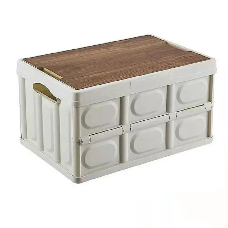 Collapsible Storage Bin With Wood Lids Large Stackable Folding Crates For Home Outdoor Car Storage