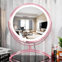 Miroir de maquillage rond intelligent à LED avec rotation infinie à 360°, écran d'affichage éclairé, cadre en métal et en verre, personnalisé
