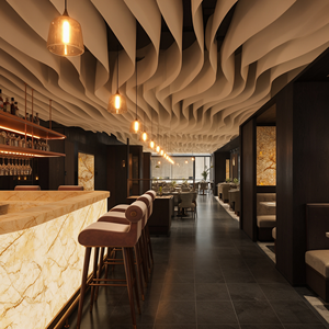 Projet de design d'intérieur de bar de restaurant moderne et luxueux sur mesure |   Comptoir de bar en marbre avec plafond ondulé, sièges en bois de noyer foncé - Product Image 6