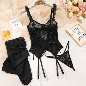Set di Lingerie Erotica in Pizzo Floreale Nero, <span class=keywords><strong>Reggiseno</strong></span> e Mutandine Sexy Traforati con Lacci e Calze a Rete, Intimo <span class=keywords><strong>Trasparente</strong></span> Sensuale - Product Image 6