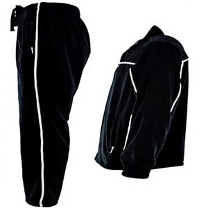 Ensemble de survêtement en velours noir pour hommes et femmes, veste à col montant avec fermeture éclair, pantalon à cordon de serrage avec passepoil blanc - Product Image 4