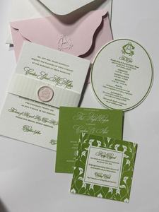 Elegant Green Leaf Pattern Art Paper Letterpress Printed <b>Wedding</b> <b>Invitation</b> Set with Embossed Monogram Wax Seal Pink <b>Envelope</b> - Product Image 2