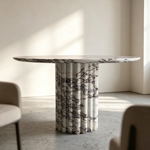 Tavolo da Pranzo con Base Scanalata Romana, Ampia Lastra Circolare, Gamba Cilindrica Scanalata, Venature Scure Drammatiche, Arredamento da Pranzo di Lusso in Pietra - Product Image 6