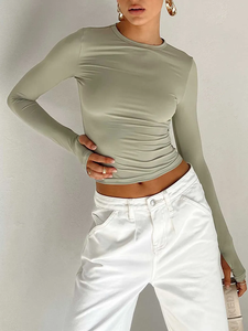 T-shirt à manches longues pour femmes col rond solide coupe ajustée haut court avec trous pour les pouces Streetwear - Product Image 3
