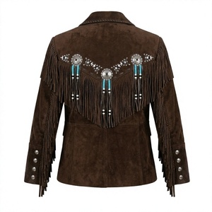 Veste bomber légère en daim marron pour femme Nabtay Sports, automne-hiver, avec franges, détails en perles turquoise et col rabattu - Product Image 2