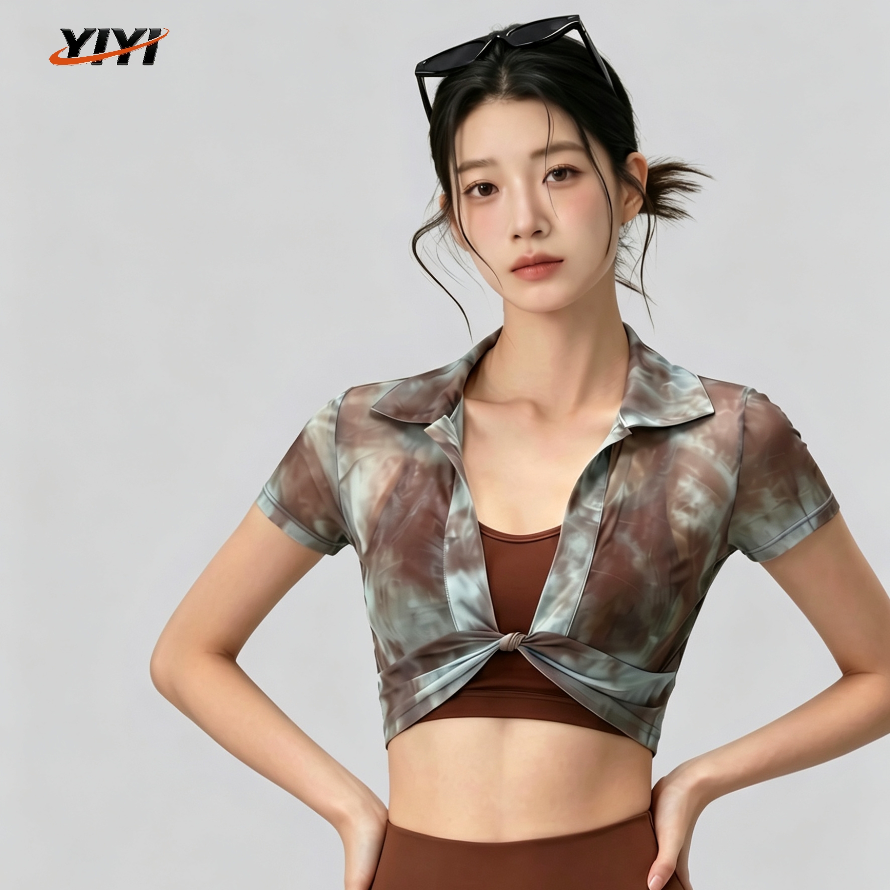 Printed Mesh Breathable Yoga Short-sleeved Women's Summer Fashion Knotted Waist-exposed Short Sports T-shirt Outer Wear Fitness
