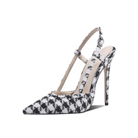 Escarpins élégants à talon aiguille pour femme, en tissu tissé pied-de-poule, à bout pointu, avec boucle réglable, pour le bureau et les banquets
