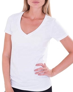 Camiseta de manga corta con logotipo personalizado para mujer, camisa 100% de algodón con cuello en V, color blanco - Product Image 1