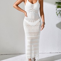 Robe maxi de plage à bretelles spaghetti en tricot à col en V, à découpes sexy, à franges, à la mode européenne et américaine, très vendue