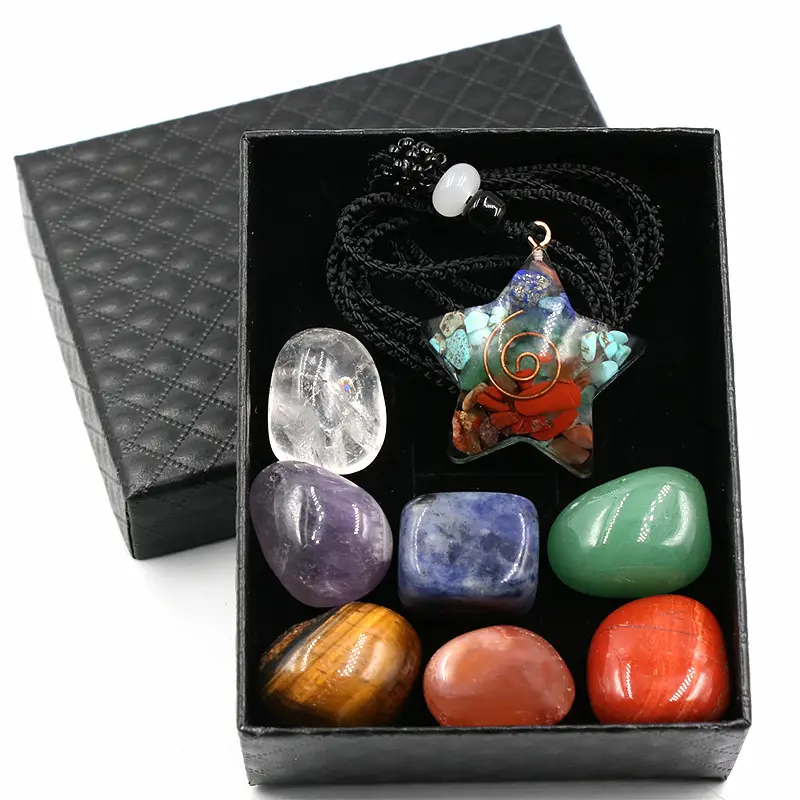 Juego de caja de cuencos cantores Juego de piedras caídas de cristal de 7 Chakras con kit Juego de cristales curativos para regalo