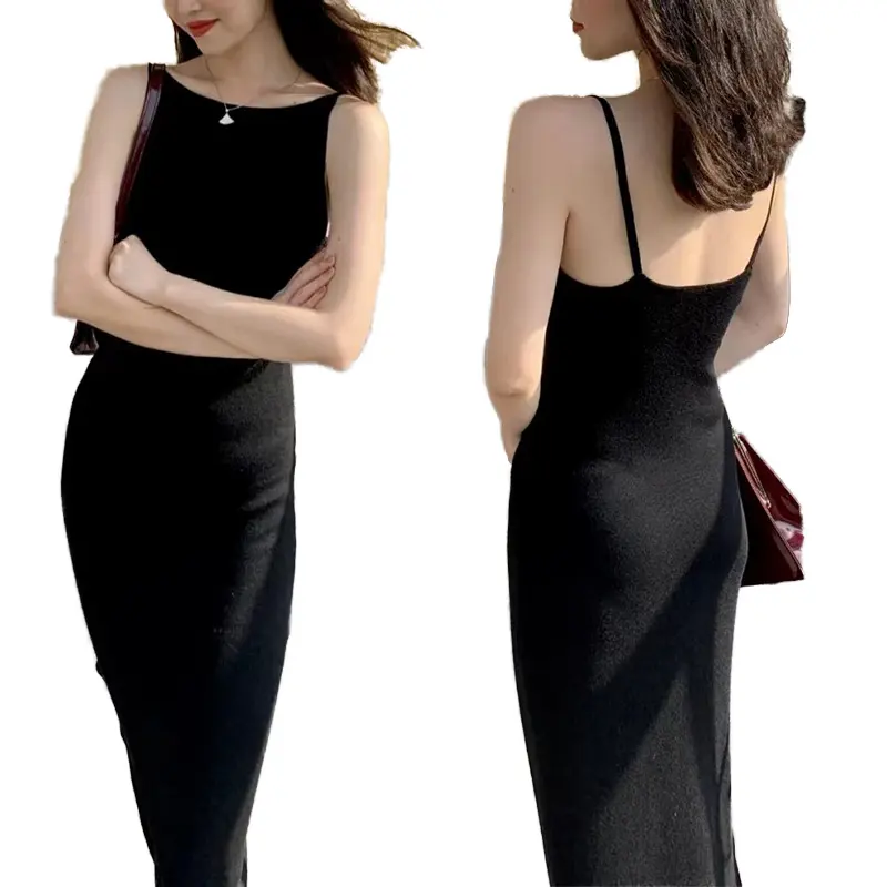 2024 Hochwertiges Damen-Frühjahr-Sommer-Kleid einfacher gestrickter Halter mit sexy rückenfreiem kleinen schwarzen Freizeitkleid Temperament