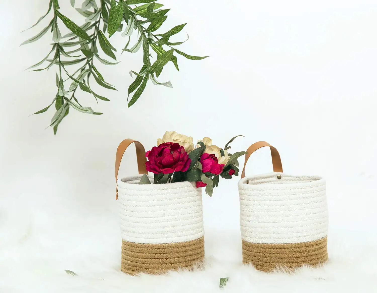 Storage Baskets With Rope Handles Wall Hanging Cotton Storage Baskets Small Rope Baskets With Leather Handle Door Closet Organizer Woven Baskets For Keys Wallet