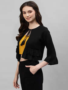 Chaqueta tipo bolero de rayón liso para mujer con volantes Dori, manga 3/4, cuello redondo, top informal - Product Image 5